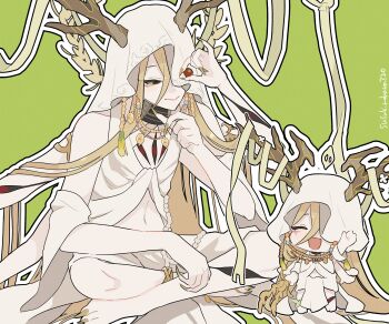 1other absurdres androgynous antlers artist_name bare_shoulders black_sclera blonde_hair chibi chibi_inset colored_sclera extra_arms fingernails green_background green_eyes highres honkai:_star_rail honkai_(series) horns navel one_eye_covered sharp_fingernails sharp_toenails simple_background sitting solo susukinohara320 toenails twitter_username veil white_veil yaoshi_(honkai:_star_rail)