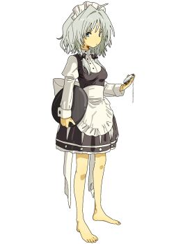 1girl apron barefoot black_dress blue_eyes braid dress full_body grey_hair highres holding holding_tray izayoi_sakuya juliet_sleeves long_sleeves looking_at_viewer maid maid_apron maid_headdress mozupoko puffy_sleeves short_hair side_braids simple_background solo touhou tray white_background