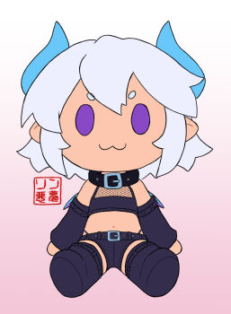 boots chibi collar crop_top crossdressing demon detached_sleeves horns pointy_ears purple_eyes rin_nightmare stuffed_animal stuffed_toy sulfur tail thigh_boots thong trap white_hair wings