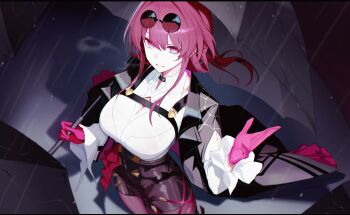 1girl absurdres black_jacket breasts chest_harness cleavage_cutout clenched_teeth clothing_cutout commentary eyewear_on_head from_above glasses gloves harness high-waist_shorts highres holding holding_umbrella honkai:_star_rail honkai_(series) jacket kafka_(honkai:_star_rail) large_breasts long_hair looking_at_viewer open_mouth orn pantyhose pantyhose_under_shorts pince-nez purple_eyes purple_gloves purple_hair purple_pantyhose rain round_eyewear shadow shirt shorts solo spider_web_print spotlight teeth umbrella umbrella_over_shoulder white_shirt
