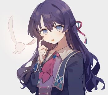 1girl ascot blue_coat buttons coat collared_shirt commentary_request diamond_button double-breasted dress_shirt fairy half_updo hasunosora_fantasy link!_like!_love_live! long_hair long_sleeves looking_at_viewer love_live! mole mole_on_neck murano_sayaka nagisa_iori official_alternate_costume open_clothes open_coat pink_ascot purple_hair purple_vest scratching_cheek shirt simple_background single_hair_intake solo upper_body vest white_background white_shirt