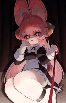1girl absurdres ahoge alternate_costume animal_ear_fluff animal_ears animal_feet anklet apron black_dress breasts bright_pupils cleavage commentary dress english_commentary enmaided frilled_dress frills furry furry_female heart heart_in_eye highres holding holding_leash jewelry leash long_hair looking_at_viewer maid maid_apron medium_breasts open_mouth pink_fur pink_hair rabbit_ears rabbit_girl red_eyes shadow sitting solo symbol_in_eye viewer_holding_leash waist_apron white_apron white_pupils yamisroot zenless_zone_zero zhao_(zenless_zone_zero)