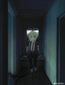 1boy arms_at_sides black_pants cardigan chinese_commentary collared_shirt commentary_request dress_shirt hand_rest highres horror_(theme) indoors male_focus necktie ni_hai_you_ba_ma_zhen_de_jingyan_dao_wole on_windowsill pants photo_background red_eyes red_necktie saihate_eki shirt sitting solo tatsunami_shion white_hair white_shirt