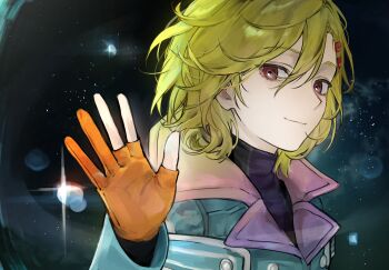 Rule 34 | 1other, androgynous, black shirt, commentary, gloves, gnosia, green hair, green jacket, hair between eyes, hair ornament, hairclip, hand up, hashtag-only commentary, highres, jacket, long sleeves, looking at viewer, medium hair, orange gloves, oru goru, other focus, partially fingerless gloves, red eyes, setsu (gnosia), shirt, smile, sparkle, star (sky), turtleneck, untranslatable commentary