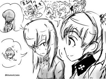 Rule 34 | 1girl, black hat, black jacket, black skirt, blue eyes, brown hair, character request, garrison cap, girls und panzer, girls und panzer phase erika, grey shirt, greyscale, hair tie, hat, itsumi erika, jacket, kuromorimine military uniform, kuromorimine school uniform, long hair, miniskirt, monochrome, multiple girls, orange hair, red skirt, rou leila, school uniform, shirt, skirt, twintails