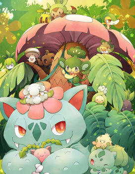 :> bulbasaur chespin cottonee fang fangs flower gen_1_pokemon gen_2_pokemon gen_3_pokemon gen_5_pokemon gen_6_pokemon green_eyes hoppip leaf mega_pokemon nintendo no_humans oddish pansage phantump plant pointy_ears pokemon pokemon_(creature) red_eyes shroomish smile snivy sunkern uppi venusaur vines