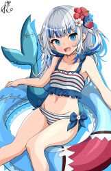 Rule 34 | 1girl, absurdres, bare arms, bare legs, bikini, blue eyes, bow, bow bikini, collarbone, commentary request, fins, fish tail, flower, frills, gawr gura, hair flower, hair ornament, highres, hololive, hololive english, horizontal-striped bikini, inflatable shark, inflatable toy, light blush, long hair, looking at viewer, multicolored hair, navel, on innertube, remone, shark hair ornament, shark tail, sharp teeth, signature, solo, stitched tail, streaked hair, striped bikini, striped clothes, swimsuit, tail, teeth, two-tone hair, virtual youtuber, white background, white hair