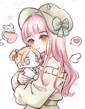 2girls absurdres angel_wings animal baby bare_shoulders blonde_hair blue_jumpsuit blunt_bangs blush_stickers bow brown_eyes buttons calico_(pattern) calico_cat carrying carrying_baby carrying_person cartoon_wings chinese_commentary closed_mouth collared_jumpsuit commentary_request commission cowboy_shot detached_wings dot_nose expressionless eyelashes green_bow green_hat green_skirt grey_eyes hair_bow hair_intakes hat hat_bow heart highres infinity_nikki jumpsuit long_sidelocks long_sleeves looking_ahead maiqian646 mini_wings multiple_girls newsboy_cap nikki_(nikki) nikki_(series) off-shoulder_sweater off_shoulder onesie orange_bow original puffy_long_sleeves puffy_sleeves short_hair short_side_ponytail sidelocks single_wing skirt smile speech_bubble spoken_heart star_(symbol) star_symbol_background sweater white_background wings yellow_sweater