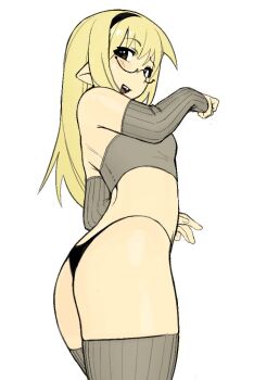 Rule 34 | 1girl, ass, back, bandeau, bare shoulders, black-framed eyewear, black hairband, black panties, blonde hair, brown eyes, cowboy shot, crop top, detached sleeves, from behind, glasses, grey bandeau, grey thighhighs, hairband, hands up, hira (yirtios), long hair, looking at viewer, looking back, median furrow, midriff, open mouth, original, panties, pointy ears, ribbed sleeves, ribbed thighhighs, semi-rimless eyewear, sleeves past wrists, smile, solo, teeth, thighhighs, thong, underwear, upper teeth only, yirtios