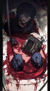 1boy bandages bath black_gloves blood blood_on_clothes blood_on_hands bloody_bandages blue_hair denim gloves happy highres horns horror_(theme) imminent_suicide jeans looking_at_viewer open_mouth original pants pink_eyes sebone_long shirt short_hair t-shirt tile_floor tiles toaster wire