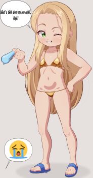 1girl bikini blonde_hair blush collarbone diana_(pragmata) english_text feet flat_chest flip-flops food forehead full_body gold_bikini green_eyes grey_background grin hand_on_own_hip holding holding_food holding_popsicle legs_apart loli long_hair looking_at_viewer lowleg lowleg_bikini navel one_eye_closed popsicle pragmata s0ft sandals simple_background smile solo speech_bubble spoken_emoji standing swimsuit teeth toes uohhhhhhhhh!_(meme) very_long_hair