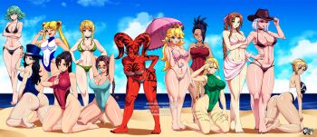 6+girls :d aerith_gainsborough arms_behind_head arms_up artist_name ashe_(overwatch) ass beach bikini bishoujo_senshi_sailor_moon black_bikini black_choker black_hair black_hat black_nails blonde_hair blue_eyes blue_hat blue_one-piece_swimsuit blush bow braid braided_ponytail breasts brown_bikini cammy_white choker cleavage colored_skin commission competition_swimsuit covered_navel cowboy_hat crossover crown darth_talon dc_comics deviantart_username discord_username dragon_ball dragon_ball_super facebook_username female_focus final_fantasy final_fantasy_vii from_behind full_body green_bikini green_eyes green_hair green_one-piece_swimsuit gwen_stacy hair_bow hair_intakes hair_ornament hand_on_own_hip harem hat hat_tip highleg highleg_bikini highleg_one-piece_swimsuit highres holding holding_umbrella hyrule_warriors jadenkaiba kale_(dragon_ball) kneeling kuji-in lara_croft large_breasts leaning_forward leotard linkle long_hair looking_at_viewer looking_back mario_(series) marvel matching_hair/eyes medium_breasts multi-strapped_bikini_bottom multiple_girls nail_polish navel nintendo o-ring o-ring_bikini_top ocean one-piece_swimsuit one-punch_man one_eye_closed open_mouth outdoors overwatch pink_bikini pink_bow pink_sarong pixiv_username princess_peach print_bikini print_swimsuit purple_bikini red_one-piece_swimsuit red_skin sarong short_hair side-tie_bikini_bottom skin_tight smile soul_calibur spider-man_(series) standing star_wars strapless strapless_bikini street_fighter street_fighter_ii_(series) sunglasses swimsuit taki_(soulcalibur) tatsumaki teeth the_legend_of_zelda thong toenail_polish toenails tomb_raider top_hat triforce_print tsukino_usagi twintails umbrella upper_teeth_only v watermark web_address white_hair white_one-piece_swimsuit wink zatanna_zatara