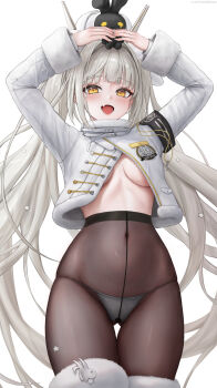 1girl animal armband black_armband black_pantyhose black_rabbit_(animal) blanc_(fortune_express)_(nikke) blanc_(nikke) boots breasts commentary_request covered_navel crotch_seam fang fur-trimmed_boots fur-trimmed_collar fur-trimmed_sleeves fur_trim goddess_of_victory:_nikke hat highres holding holding_animal kinoko_kun long_hair looking_at_viewer medium_breasts no_pants official_alternate_costume official_alternate_hairstyle open_mouth paid_reward_available panties panties_under_pantyhose pantyhose rabbit seamed_legwear simple_background skin_fang snowing solo twintails underboob underwear very_long_hair white_background white_boots white_hat white_panties