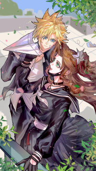 Rule 34 | 1boy, 1girl, absurdres, aerith gainsborough, aerith gainsborough (midgard seventh high school), bandaged chest, bandaid, bandaid on cheek, bandaid on face, black choker, black gloves, black jacket, black mask, black pants, black sailor collar, black shirt, black skirt, blonde hair, blue eyes, breasts, choker, closed mouth, cloud strife, cloud strife (midgard seventh high school), collared shirt, couple, crop top, delinquent, final fantasy, final fantasy vii, final fantasy vii: ever crisis, flower, from above, gakuran, gloves, green eyes, grey neckerchief, grose, hair between eyes, hair flower, hair ornament, hair ribbon, half updo, hetero, highres, jacket, long skirt, looking at another, mask, mask around neck, medium breasts, midriff, mouth mask, navel, neckerchief, official alternate costume, open mouth, pants, paper airplane, parted bangs, pleated skirt, ponytail, red ribbon, ribbon, rooftop, sailor collar, school uniform, shirt, short hair, sidelocks, skirt, smile, spiked hair, sukeban, twitter username, white flower, white shirt