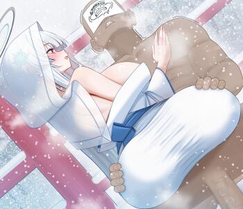 1boy 1girl ass back bare_shoulders blue_archive blush breasts clothed_female_nude_male dark-skinned_male dark_skin flaccid grabbing_another&#039;s_ass groping hand_on_another&#039;s_chest hood hood_up huge_ass huge_breasts imminent_penetration japanese_clothes kimono long_hair mizikayo noa_(blue_archive) nude penis purple_eyes smile snow straddling upright_straddle white_hair