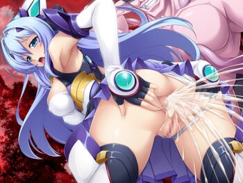 1boy 1girl after_anal anal anus armpits ass bent_over black_gloves blue_eyes blue_hair blush breasts censored chest_jewel clothing_aside cloud covered_erect_nipples cum cum_in_ass elbow_gloves exs-tia exs-tia_(exs-tia_1) fingerless_gloves from_behind from_below game_cg ganusgil gloves grabbing_own_ass grin hair_intakes hair_ornament headgear hetero inoino katsuragi_marina kouyoku_senki_exs-tia large_breasts large_variant_set leotard leotard_aside long_hair looking_back magical_girl miniskirt mosaic_censoring non-web_source official_art open_mouth outdoors penis pleated_skirt pussy red_sky sex skirt sky smile solo_focus spread_anus spread_ass spread_pussy thighhighs underwear variant_set