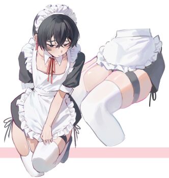 1boy absurdres alternate_costume apron black_dress black_eyes black_hair closed_mouth crossdressing crossdressing_(mtf) detached_collar dress enmaided frilled_apron frills highres limbus_company looking_at_viewer maid maid_apron maid_headdress male_focus male_maid may.l multiple_views project_moon puffy_short_sleeves puffy_sleeves red_ribbon ribbon short_hair short_sleeves simple_background solo thighhighs thighs upper_body waist_apron white_apron white_background white_thighhighs yi_sang_(project_moon)