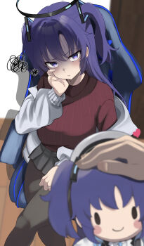 1girl 1other :t absurdres black_pantyhose black_skirt blue_archive blurry blurry_background blurry_foreground blush breasts chair character_doll commentary_request doll gaming_chair highres holding holding_stuffed_toy jacket large_breasts long_hair long_sleeves looking_at_viewer miniskirt off_shoulder on_chair open_clothes open_jacket paid_reward_available pantyhose pleated_skirt pout pov pov_hands puffy_long_sleeves puffy_sleeves purple_eyes purple_hair red_sweater shaded_face sitting skirt solo_focus squiggle stuffed_animal stuffed_toy sweater swivel_chair two_side_up v-shaped_eyebrows white_jacket yuuka_(blue_archive) zenzen._(zenzen&#039;ya)