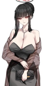 1girl absurdres bag bare_shoulders black_dress black_hair blue_archive blush braid breasts bun_with_braided_base closed_mouth clutch_purse dress hair_bun halo handbag highres holding holding_wallet jewelry large_breasts long_hair looking_at_viewer necklace official_alternate_costume red_eyes red_halo rio_(blue_archive) rio_(dress)_(blue_archive) shigure_s simple_background smile solo wallet white_background