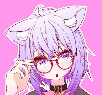 1girl absurdres adjusting_eyewear ahoge animal_ear_fluff animal_ears black_collar black_hoodie cat_ears cat_girl collar glasses highres hololive hood hoodie kajimakoto medium_hair nekomata_okayu nekomata_okayu_(1st_costume) open_mouth outline pink_background purple_eyes purple_hair red-framed_eyewear solo teeth upper_teeth_only virtual_youtuber white_outline