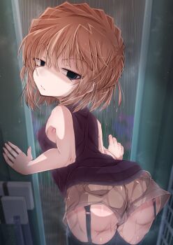 armpits ass bent_over blush breasts brown_hair door from_below haibara_ai highres loli meitantei_conan moyachii rain short_hair shorts small_breasts thighs