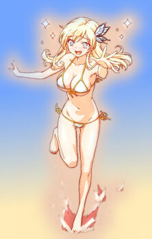 1girl :d barefoot bikini blonde_hair blue_background blue_bikini blue_eyes blush boku_wa_tomodachi_ga_sukunai breasts butterfly_hair_ornament cleavage commentary_request day fang footprints front-tie_bikini_top front-tie_top full_body gradient_background hair_ornament highres kashiwazaki_sena large_breasts leg_up navel open_mouth outstretched_arm running side-tie_bikini_bottom smile solo sparkle sparkling_eyes standing standing_on_one_leg string_bikini swimsuit watanabe_yoshihiro yellow_background