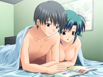 1boy 1girl ariko_youichi bed bed_sheet black_hair blanket book breasts brother_and_sister brown_eyes couple fortune_cookie_(visual_novel) game_cg green_hair hetero medium_breasts naked_sheet nipples nude open_book reading shared_blanket siblings smart takaya_shun takaya_yui under_covers
