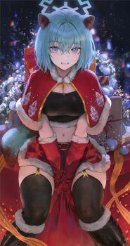 1girl alternate_costume animal_ear_fluff animal_ears aqua_hair between_legs black_boots black_garter_straps black_shirt black_thighhighs blue_archive blue_halo blush boots breasts capelet cleavage commentary cropped_shirt elbow_gloves english_commentary flippy_(cripine111) fur_trim garter_straps gift gloves hair_between_eyes halo hand_between_legs highres knee_boots large_breasts looking_at_viewer midriff parted_lips purple_eyes red_capelet red_gloves red_skirt santa_costume shigure_(blue_archive) shirt short_hair sitting skirt smile tail thighhighs weasel_ears weasel_girl weasel_tail