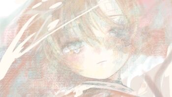 1girl blonde_hair blue_eyes blush commentary crying hair_between_eyes hair_over_eyes karintoun looking_at_viewer original pale_skin parted_bangs pastel_colors portrait short_hair sketch