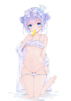 1girl absurdres barefoot bikini bikini_bottom_pull bikini_pull bikini_under_clothes blue_eyes blue_hair blush bow breasts clothes_pull collarbone crown double_bun feet food food_in_mouth frilled_bikini frills gochuumon_wa_usagi_desu_ka? groin hair_bow hair_bun highres holding holding_food holding_popsicle humooooo kafuu_chino kneeling loli long_hair mini_crown navel no_pussy off_shoulder open_clothes open_shirt popsicle pulling_own_clothes ribbon shirt small_breasts soles solo stomach swimsuit thigh_gap thighs toes undressing white_bikini white_bow white_ribbon white_shirt