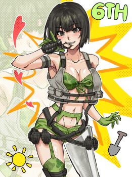 1girl arm_strap armpits bare_shoulders belt bikini bikini_top_only black_eyes black_hair blush bob_cut breasts camouflage camouflage_bikini camouflage_thighhighs cez cleavage commentary contrapposto cowboy_shot explosive front-tie_bikini_top front-tie_top gloves green_bikini green_garter_belt green_gloves green_shorts green_thighhighs grenade grenade_pin_in_mouth grey_vest grin hand_up heart highres holding holding_grenade holly_summers looking_at_viewer medium_breasts navel no_more_heroes prosthesis short_hair shorts shovel single_thighhigh smile sun_symbol swimsuit thighhighs utility_vest vest zoom_layer
