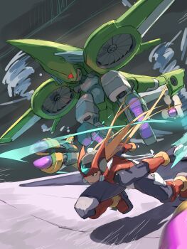 Rule 34 | 2boys, absurdres, android, armor, blonde hair, commentary request, energy sword, fighting, fins, forehead jewel, full body, green armor, green helmet, head fins, helmet, highres, holding, holding sword, holding weapon, long hair, male focus, mechanical wings, mega man (series), mega man zero (series), mega man zero 2, missile, multiple boys, omochi (mochi skymega), red armor, red helmet, sage harpuia (mega man), sword, weapon, wind, wings, z saber, zero(z) (mega man), zero (mega man)