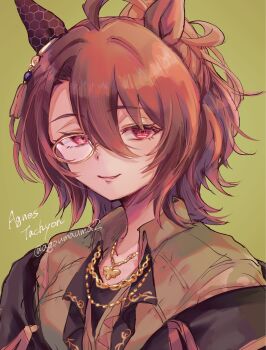 1girl agnes_tachyon_(sigma_experiment)_(umamusume) agnes_tachyon_(umamusume) agoumauma2 ahoge animal_ears black_jacket brown_hair closed_mouth collared_shirt commentary_request ear_covers hair_between_eyes highres horse_ears horse_girl huge_ahoge jacket jewelry looking_at_viewer medium_hair monocle official_alternate_costume ponytail red_eyes shirt single_ear_cover smile solo umamusume upper_body