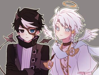 2boys :&lt; :3 agatdg angel_and_devil angel_wings black_choker black_eyes black_gloves black_hair black_horns black_jacket black_vs_white blue_eyes braid choker crossed_arms demon_horns demon_tail demon_wings eli_clark eli_clark_(noir) eli_clark_(white) feathered_wings frown gloves hair_tubes halo heterochromia high_collar highres horns identity_v jacket light_blush looking_at_viewer male_focus multiple_boys no_blindfold official_alternate_costume pectoral_cleavage pectorals striped_blush tail tunic twin_braids upper_body white_hair white_streaks white_tunic white_wings wings yellow_halo