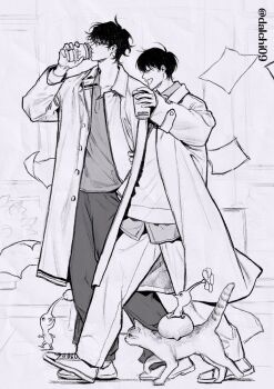 2boys cat coat collared_shirt commentary cup curtained_hair dalchi09 falling_paper glasses greyscale grin holding holding_cup kim_dokja looking_to_the_side male_focus mandrake monochrome multiple_boys omniscient_reader's_viewpoint open_clothes open_coat shirt short_hair smile symbol-only_commentary walking yoo_joonghyuk