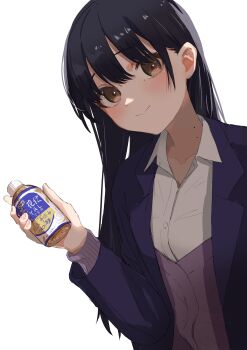 1girl absurdres black_hair blazer blush boku_no_kokoro_no_yabai_yatsu bottle brown_eyes cardigan closed_mouth collarbone collared_shirt commentary dress_shirt drink hand_up head_tilt highres hikarinohitori holding holding_bottle holding_drink jacket light_smile long_hair looking_at_viewer mole mole_on_neck open_clothes open_jacket purple_cardigan purple_jacket shirt simple_background solo translation_request upper_body white_background white_shirt yamada_anna