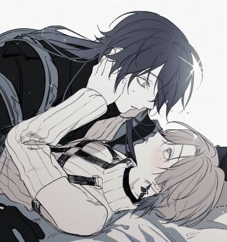 Rule 34 | 2boys, black gloves, blush, boy on top, commentary request, detached sleeves, earrings, flins (genshin impact), genshin impact, gloves, highres, illuga (genshin impact), jewelry, long hair, long sleeves, looking at another, lying, male focus, mole, mole under eye, multiple boys, on back, parted lips, scar, scar on neck, scar on shoulder, single earring, sinsinsssh, tears, teeth, yaoi