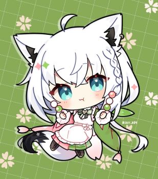 1girl :t ahoge animal_ear_fluff animal_ear_piercing animal_ears apron blue_eyes blush boots bow bowtie brown_boots chibi chibi_only closed_mouth commentary crossed_bangs dango eating food fox_ears fox_girl fox_tail frilled_apron frills full_body green_background green_bow green_bowtie green_kimono grid_background highres holding holding_food hololive japanese_clothes kashiwase_karune kimono lace-up_boots long_hair long_sleeves looking_at_viewer low_ponytail pink_kimono ponytail sanshoku_dango shirakami_fubuki solo symbol-only_commentary tail twitter_username two-tone_kimono virtual_youtuber wagashi white_apron white_hair wide_sleeves