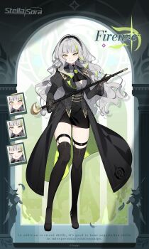 Rule 34 | 1girl, ascot, black ascot, black boots, black hairband, black skirt, boots, breasts, cane, character name, cleavage, commentary, english commentary, firenze (stella sora), full body, green eyes, green streaks, grey hair, grey shirt, hairband, high heel boots, high heels, highres, holding, holding cane, jacket, juliet sleeves, lace hairband, large breasts, long hair, long sleeves, looking at viewer, miniskirt, multicolored hair, multiple expressions, official art, open clothes, open jacket, pencil skirt, puffy sleeves, shirt, skirt, smile, solo, stella sora, streaked hair, thigh boots, wavy hair