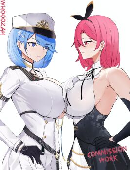 2girls absurdres alternate_breast_size_(larger) azur_lane bare_shoulders black_dress black_gloves black_prince_(azur_lane) blue_eyes blue_hair breast_press breasts chapayev_(azur_lane) commentary commission dress eyes_visible_through_hair gloves half_gloves hat highres huge_breasts jacket medium_hair multiple_girls peaked_cap pink_eyes pink_hair simple_background skirt symbol-only_commentary symmetrical_docking white_background white_hat white_jacket white_skirt whooozah