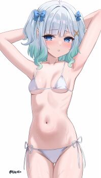 1girl absurdres armpit_focus armpits arms_behind_head arms_up bikini blue_eyes blush bow breasts commentary cowboy_shot densetsu.exe from_side green_hair hair_bow highres k4zex looking_at_viewer mint_fantome multicolored_hair presenting_own_armpit short_hair short_twintails side-tie_bikini_bottom simple_background small_breasts solo streaked_hair sweat swimsuit twintails twitter_username virtual_youtuber white_background white_hair
