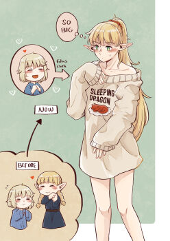 2girls absurdres arrow_(symbol) before_and_after blonde_hair blunt_bangs blush borrowed_clothes braid chibi closed_eyes collarbone comparison cropped_legs dungeon_meshi elf english_text falin_touden falin_touden_(tallman) fuyuu_seibutsu green_eyes hand_up hands_up heart high_ponytail highres marcille_donato messy_hair multiple_girls naked_shirt oversized_clothes oversized_sweater pointy_ears ponytail print_sweater robe shirt sleeves_past_wrists speech_bubble sweater thought_bubble twin_braids white_sweater yuri