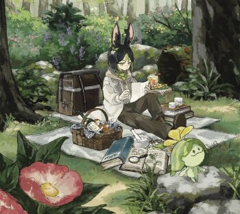 1boy animal_ear_fluff animal_ears aranara_(genshin_impact) backpack bag basket black_hair blanket blunt_ends book book_stack boots bottle brown_bag brown_boots brown_eyes brown_hoodie brown_pants bush closed_mouth coat commentary_request cup day drink expressionless flower food forest forest_watcher&#039;s_choice_(genshin_impact) fox_boy fox_ears genshin_impact gloves goggles goggles_around_neck grass green_eyes green_hair green_shirt hair_between_eyes hair_flower hair_ornament hishida_(koko_escape) holding holding_paper holding_pencil hood hood_down hoodie knee_up leaf log long_sleeves magnifying_glass male_focus mortar_(bowl) moss multicolored_eyes multicolored_hair mushroom nature official_alternate_costume on_ground open_book open_clothes open_coat outdoors pants paper pencil pestle picnic picnic_basket plant purple_flower red_flower rock scenery shirt short_hair sitting slice_of_life solo streaked_hair table tighnari_(genshin_impact) tighnari_(kiehls&#039;)_(genshin_impact) tree turtleneck unworn_backpack unworn_bag white_coat white_flower white_gloves wine_bottle