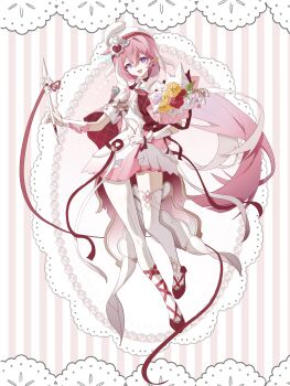 Rule 34 | 1girl, absurdres, asymmetrical legwear, bengjiang92564, beret, bouquet, breasts, chinese commentary, commentary request, diamond-shaped pupils, diamond (shape), dress, earrings, elf, elysia (hi love elf) (honkai impact), elysia (honkai impact), flower, full body, hat, heart, heart earrings, highres, holding, holding bouquet, holding ribbon baton, honkai (series), honkai impact 3rd, jewelry, large breasts, long hair, looking at viewer, multicolored hair, pink hair, pointy ears, purple eyes, smile, solo, striped background, symbol-shaped pupils, thighhighs, thighs, two-tone hair, uneven legwear, very long hair, white dress, white hair, white thighhighs