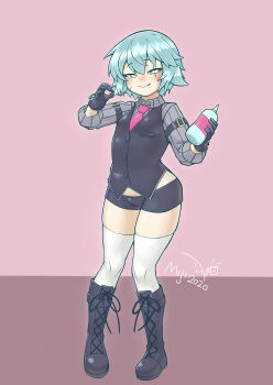 1girl 2020 absurdres boots breasts cropped_shirt fate/apocrypha fate/grand_order fate_(series) fellatio_gesture female_focus full_body gloves green_eyes handjob_gesture heart heart-shaped_pupils highres jack_the_ripper_(fate/apocrypha) loli looking_at_viewer lube lube_bottle miji_doujing_daile necktie open_mouth scar scar_across_eye scar_on_face short_hair short_shorts shorts small_breasts solo symbol-shaped_pupils thick_thighs thighhighs thighs white_hair white_thighhighs wide_hips