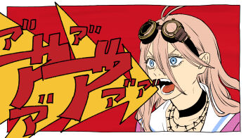 1girl antenna_hair barbed_wire black-framed_eyewear black_choker blonde_hair blue_eyes border choker collarbone commentary_request danganronpa_(series) danganronpa_v3:_killing_harmony eyelashes goggles goggles_on_head gold_buckle hair_between_eyes happy highres iruma_miu jewelry krmtknkoo1582 long_hair long_hair_between_eyes looking_ahead necklace open_mouth outside_border pink_shirt pointy_nose profanity red_background round_eyewear sailor_collar school_uniform serafuku shirt shouting smile solo string teeth translation_request upper_body v-shaped_eyebrows white_border white_sailor_collar