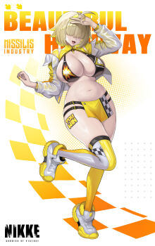 1girl :d absurdres ahoge alternate_costume arm_up bikini bikini_top_only black_bikini blonde_hair body_writing breasts checkered_clothes cleavage commentary_request cropped_jacket dramz elegg_(nikke) english_text fangs full_body goddess_of_victory:_nikke grey_thighhighs hair_between_eyes hair_intakes hair_over_eyes highres jacket large_breasts logo long_bangs long_sleeves multicolored_hair multicolored_thighhighs navel open_clothes open_jacket open_mouth pelvic_curtain race_queen shoes short_hair sidelocks skindentation smile solo standing standing_on_one_leg stomach swimsuit thighhighs two-tone_hair two-tone_thighhighs v v_over_head white_background white_jacket white_shoes yellow_thighhighs zipper