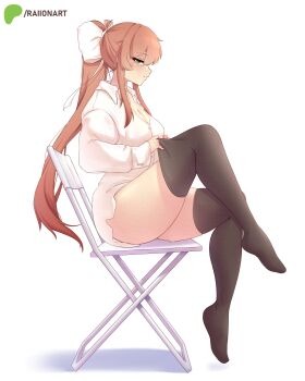 1girl absurdres alternate_costume black_thighhighs brown_hair chair doki_doki_literature_club from_side full_body green_eyes highres monika_(doki_doki_literature_club) raion_(raionart) simple_background sitting smile solo thick_thighs thighhighs thighs white_background