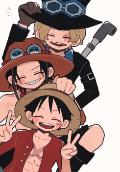 Rule 34 | 3boys, abs, arm up, arms up, black boots, black coat, black hair, black hat, blonde hair, blue shirt, blush stickers, boots, brothers, brown gloves, brown hat, coat, collarbone, commentary, double v, freckles, gloves, goggles, goggles on headwear, hand on another's head, hat, highres, jewelry, layered sleeves, long sleeves, male focus, monkey d. luffy, multiple boys, necklace, one piece, open clothes, open mouth, open shirt, portgas d. ace, red shirt, rii a, round teeth, sabo (one piece), scar, scar across eye, scar on chest, scar on face, shirt, siblings, simple background, smile, straw hat, teeth, top hat, untranslatable commentary, v, white background