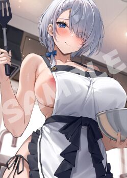 1girl apron areola_slip bare_arms blue_bow blue_eyes blush bow bowl braid breasts ceiling closed_mouth commentary_request faucet grey_hair hair_bow hair_over_one_eye highres holding holding_bowl holding_spatula indoors large_breasts looking_at_viewer naked_apron original sample_watermark smile solo spatula standing watermark white_apron xe_(execut3r)